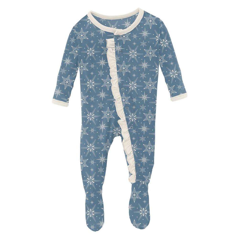 NEW KICKEE kids' ruffle footie with snaps in parisian blue snowflakes